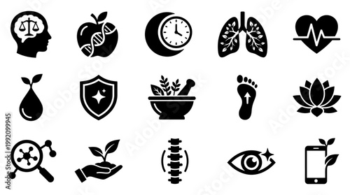 A comprehensive vector illustration showcasing a diverse collection of health, wellness, and natural medicine icons designed for medical and lifestyle applications.
