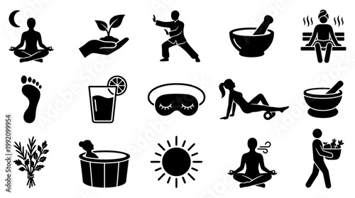 Black silhouette vector graphic icons collection featuring various healthy lifestyle activities like meditation yoga wellness spa treatments and natural organic self care routines daily