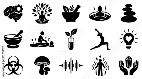 Detailed set of black vector icons representing alternative medicine holistic wellness yoga mindfulness acupuncture herbal treatments biohazard symbols and various healthy lifestyle practices