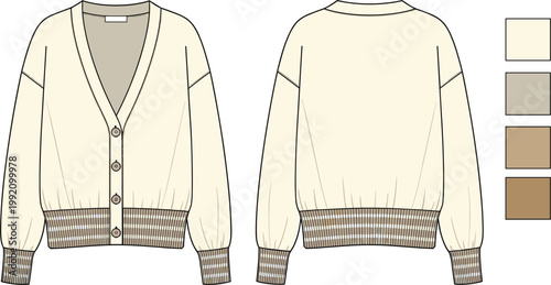 Oversized V-Neck Cardigan Technical Vector Mockup with Front and Back Views, Dropped Shoulders, and Striped Ribbed Details for Fashion Design and Tech Packs