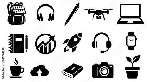 Set of modern black vector icons featuring various technology and office supplies perfect for business presentations websites and creative professional digital design project layouts