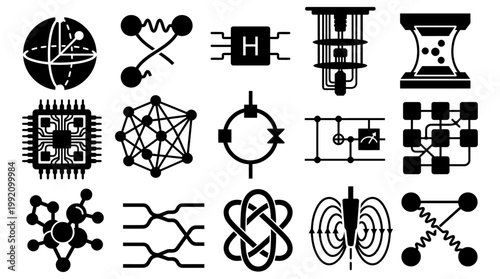 Collection of fifteen black and white quantum computing vector icons representing advanced technology research science physics data processing and modern digital circuit board hardware