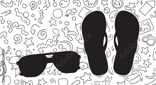 Black flip-flops and sunglasses on doodle background