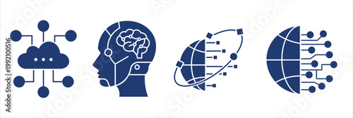 Artificial Intelligence and Global Cloud Computing Icons with Robotic Human Brain and Digital Network