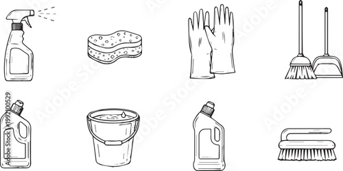 Cleaning supplies: spray bottle, sponge, gloves, broom, bucket, brush