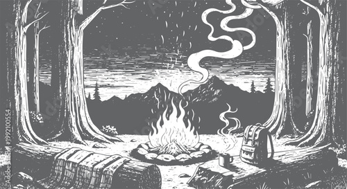 Campfire in a forest clearing with mountains in background