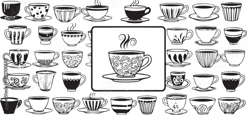 Collection of black and white coffee cups and saucers
