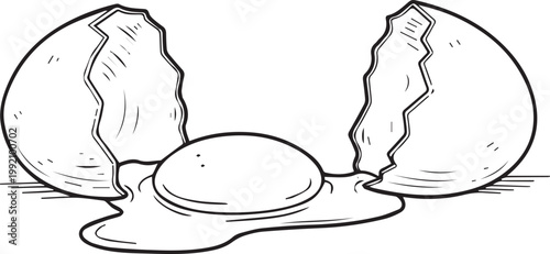 Cracked egg with yolk spilling out, line