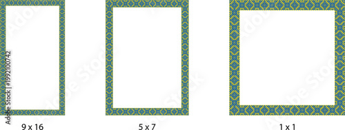 Blue and yellow Ukrainian style borders collection. National flag colors ethnic frames pack in 1:1, 5:7 and 9:16 sizes.