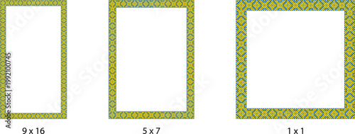 Yellow and blue Ukrainian ethnic frames assortment. Patriotic pixel borders set in 1:1, 5:7 and 9:16 ratios.
