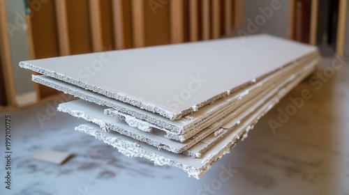 Drywall sheets stacked and leaning against an incomplete wood frame
