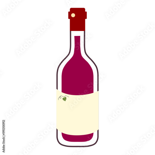 Red wine bottle icon with blank label and grape leaf detail, isolated on white. High-quality vector illustration for winery branding and menu design