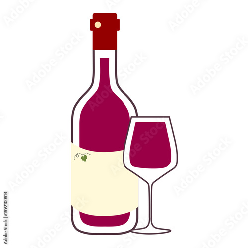 Red wine bottle and full wine glass illustration. Elegant vector set for wine tasting events, bar menus, and vineyard promotion