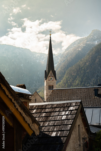 Spire of the Evangelical Church of Hallstatt against Mountain Backdrop