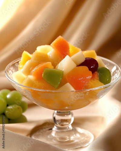 Fresh fruit compote in a clear glass bowl on a table