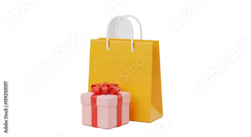 Vector illustration of yellow shopping bag and pink gift box with red ribbon on a transparent background
