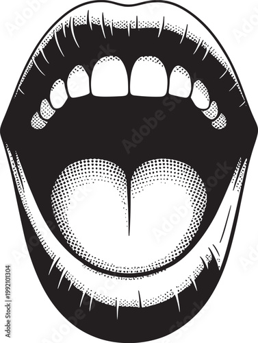 open mouth with visible teeth and tongue, illustration