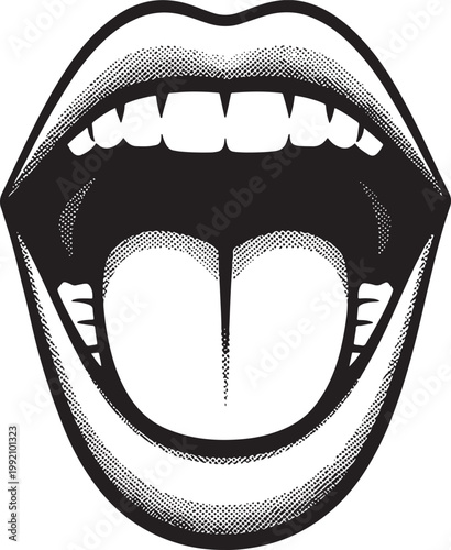 open mouth with visible teeth and tongue