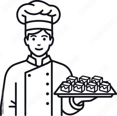Chef serving delicious pastries on a tray, culinary art, professional baker.