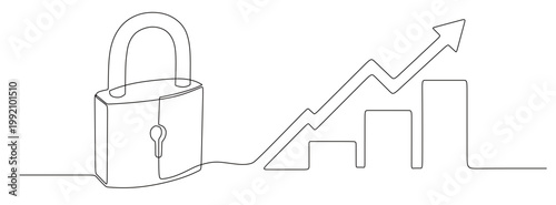 a continuous line drawing of a padlock with lines extending to the right side forming graph bars and arrows. market analysis. safe economic growth. vector image with white background