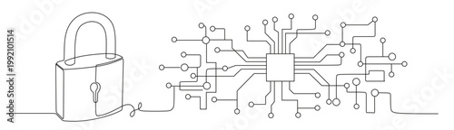 a continuous single line image of a padlock with lines extending to the right side forming a circuit board pattern. cybersecurity, data encryption, and hardware protection