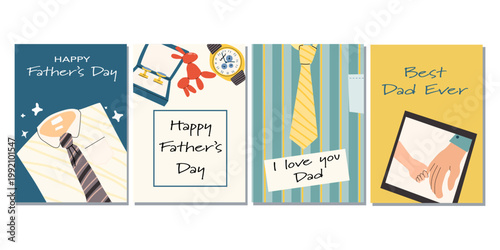 Vector set of greeting cards for Father's Day. Cartoon flat illustration, cards with ties, shirts, and messages. Happy Father's Day poster set.