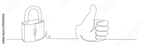 a continuous single line drawing of a padlock with a line extending to the right side forming a hand showing a thumb. security concept. single line vector drawing on a white background