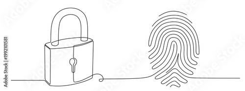 a continuous single line drawing of a padlock with lines extending to the right side forming a fingerprint. security concept. single line vector drawing on a white background