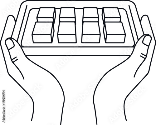 Hands holding tray with delicious small cakes, pastry presentation.