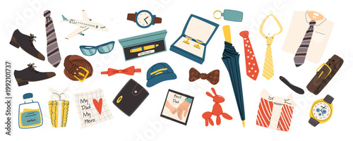 Dad Elements set. Icons for Father day including shoes, ties, watches, and more. Vector cartoon flat style illustration. Ideal for greeting cards, posters, invitations.