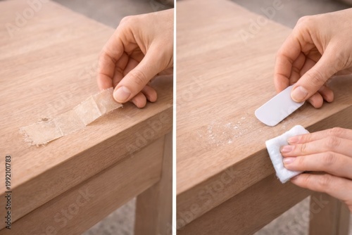 Before and after collage shows tape residue being scraped and wiped from wood furniture, restoring a clean surface.