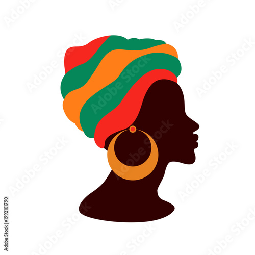 Silhouette of African Woman with Colorful Headwrap and Gold Earring