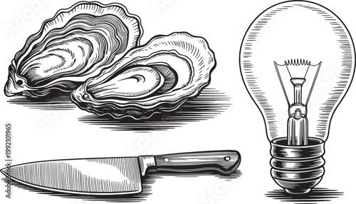 still life of oyster shells, kitchen knife and light bulb