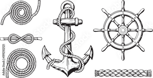 Nautical anchor, ship wheel, rope knots and coils