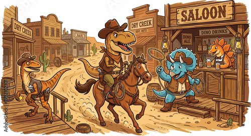 Dinosaur Wild West Saloon Cowboy Cartoon Illustration Scene Featuring Trex Rider Triceratops Sheriff Raptor Outlaw Editable Vector Collection