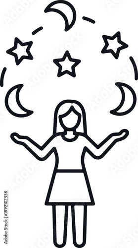Woman juggling moons and stars graphic design icon on checkered background.