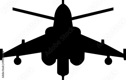 Fighter jet airplane aircraft aviation icon in black flat style featuring plane, jet, flight, warplane synonym elements for military, airforce and transport design use