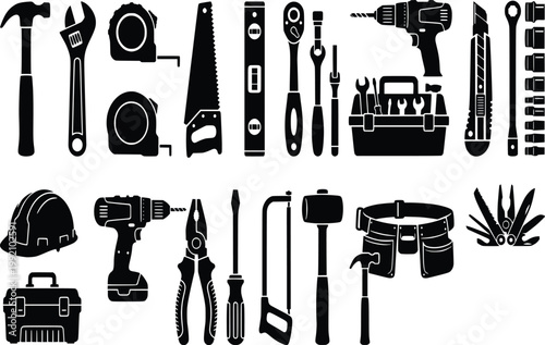 Tool Set Silhouette Construction, Repair, DIY, Hand Tools, Vector Illustration