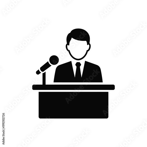 A simple black glyph depicting a man speaking at a podium