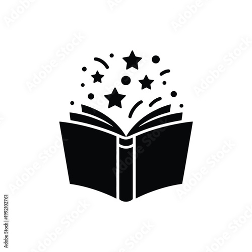 An open book emitting stars and sparkles in a simple silhouette
