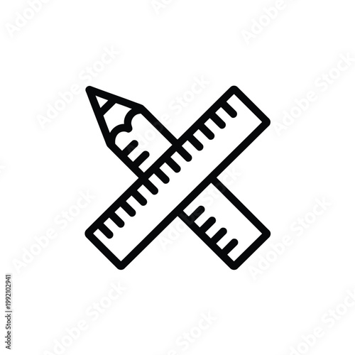 A black and white line art illustration of a pencil crossed with a ruler