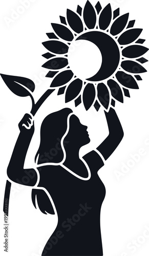 Woman holding sunflower with moon, nature and beauty symbolic illustration.