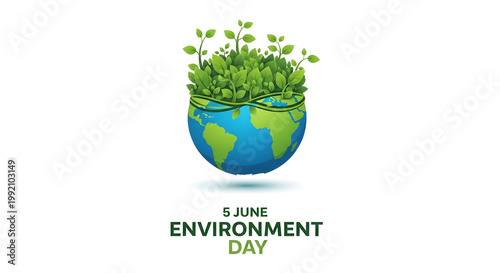 A vibrant illustration of the Earth with green plants growing out of it, celebrating World Environment Day on transparent background
