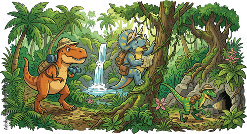 Dinosaur Jungle Exploration Adventure Cartoon Illustration Scene Featuring Trex Explorer Triceratops Climber Raptor Navigator Editable Vector Collection