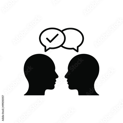 Two silhouetted heads facing each other with speech bubbles one containing a checkmark