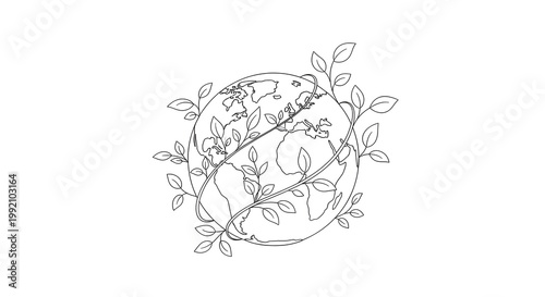 A minimalist line drawing of the Earth surrounded by leaves and vines on transparent background