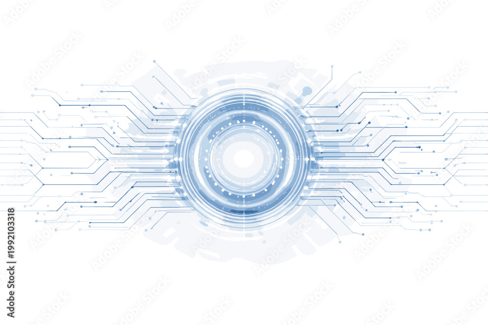 Obraz premium Abstract Futuristic Digital Technology Background with Blue Circuit Board Pattern and Glowing Concentric Circles on White, High Tech Electronic Engineering Concept for Data and Cyber Connection