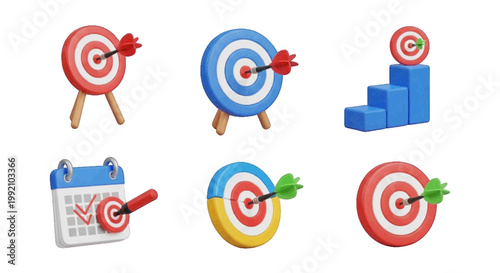 Vector illustration of 3d render set of business target icons with darts and calendar on a transparent background