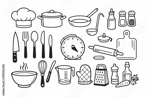 Vector Line Art Icon Set of Kitchen Utensils and Cooking Tools Including Chef Hat, Pot, Pan, Whisk, Timer, Cutlery, Grater, Rolling Pin, Cutting Board, and Oven Mitt for Restaurant and Food Design.