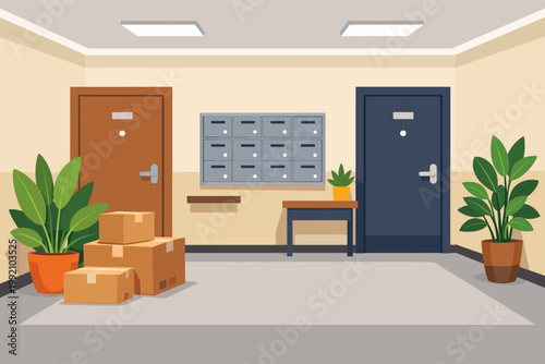 Apartment Building Lobby Interior with Doors, Mailboxes, and Cardboard Boxes. Flat Vector Illustration of a Residential Hallway with Potted Plants and Delivery Packages. Moving House Concept.